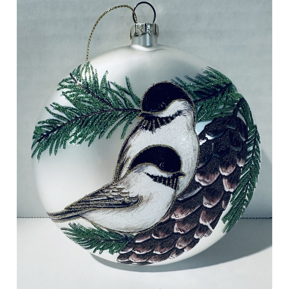Czech Republic Metal Chickadee Birds Christmas Ornament Pinecone HandPainted VTG
